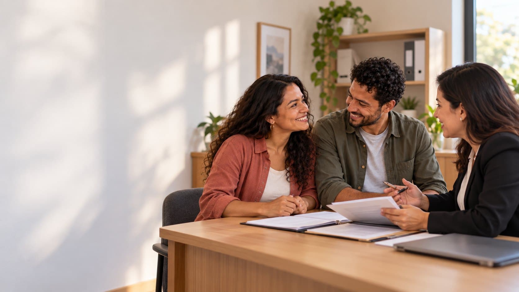 Pareja conversando con una abogada que revisa documentos en una oficina luminosa